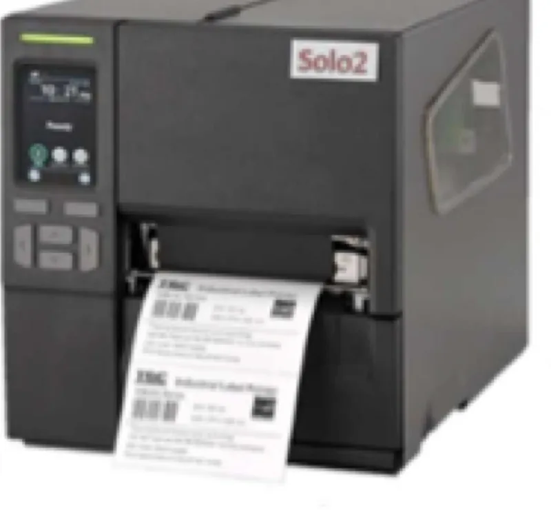 Solo2 TM240 industrial label printer with a metal case, color touch screen and printed labels feeding from the front