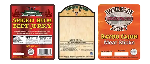 Three printed jerky and meat stick labels in red, tan and orange