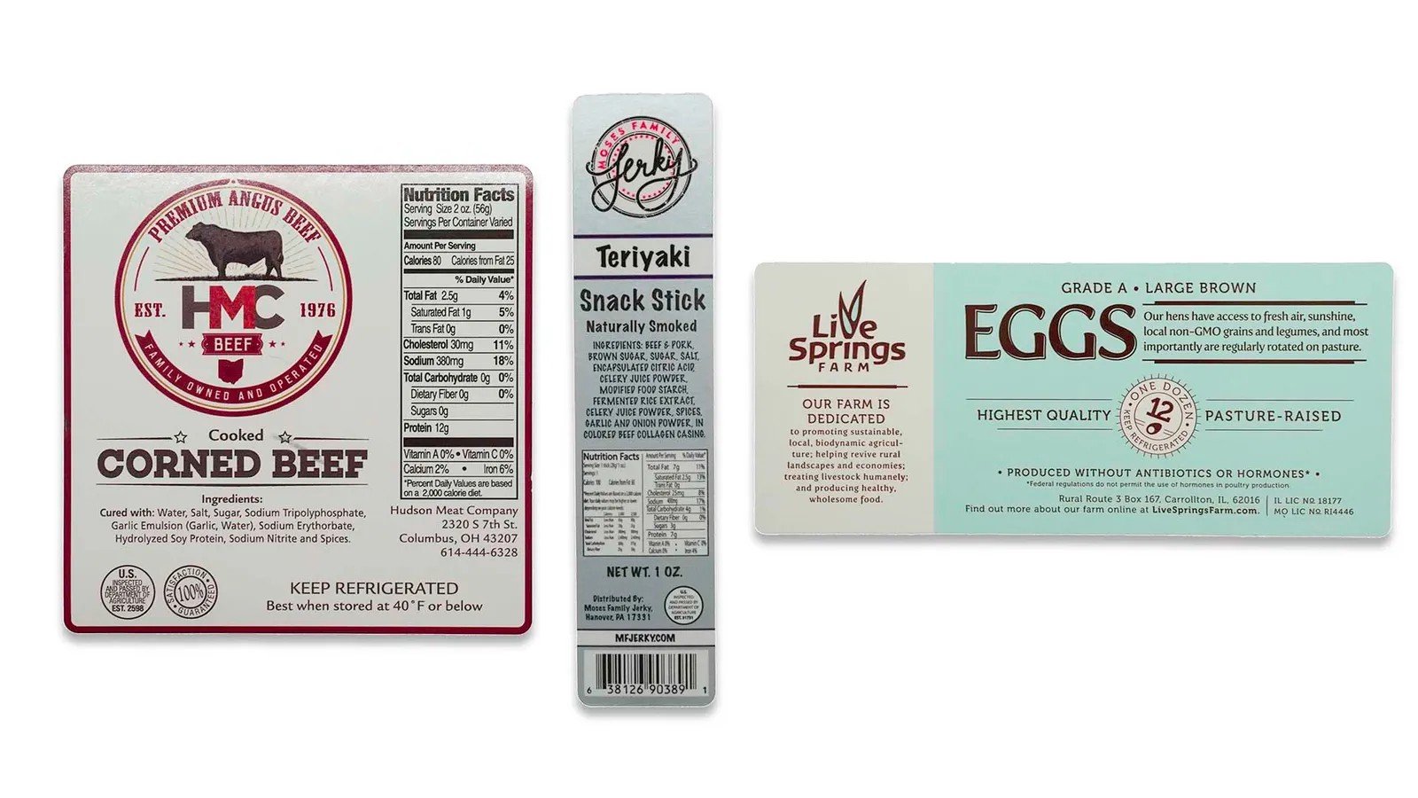 Printed labels for corned beef, teriyaki snack sticks and eggs