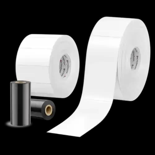 Rolls of blank white labels and a black thermal transfer ribbon