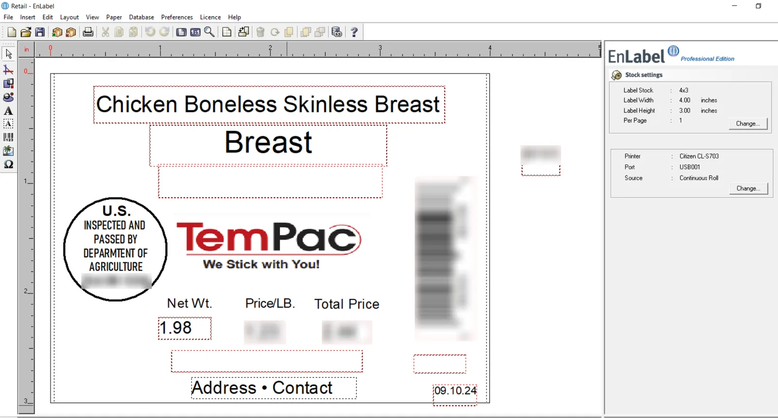 EnLabel label designer showing a 4 by 3 inch retail label format with a product name, inspection legend, net weight, price per pound, total price and a barcode, set up for a Citizen CL-S703 printer