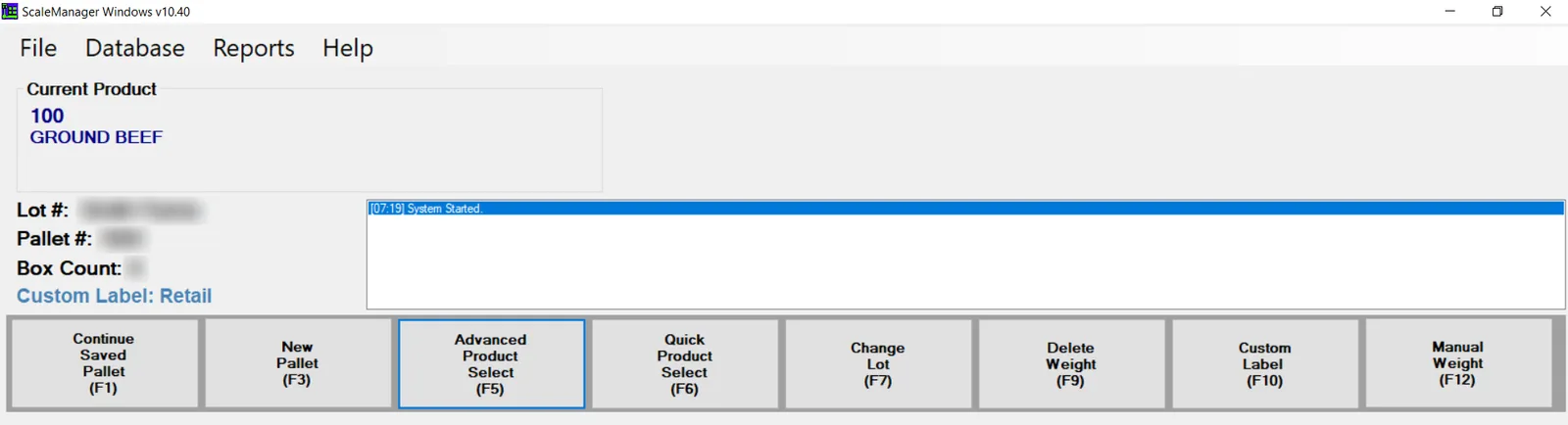 ScaleManager main screen showing the current product, lot, pallet and box count, with a row of function-key buttons including Advanced Product Select (F5) and Custom Label (F10)