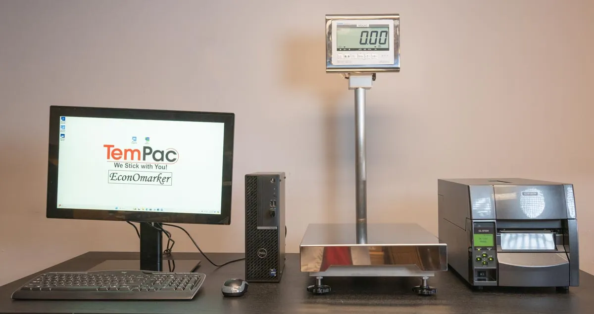 ScaleManager system: monitor, PC, platform scale with indicator, and label printer